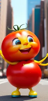 Cartoon tomato character in a vibrant city scene.