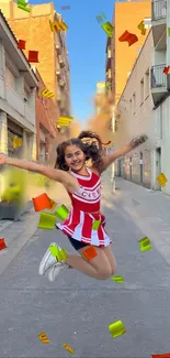 Cheerleader jumping with confetti in urban street background.