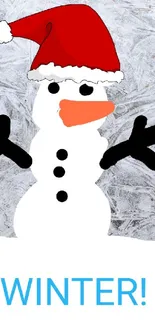 Cheerful snowman with Santa hat on icy background.