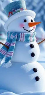 A cheerful snowman in a snowy landscape, wearing a colorful scarf.