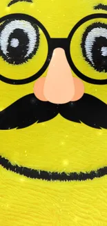 Cartoon face with glasses and mustache on yellow background.