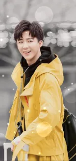 Person in a yellow coat smiling in an urban setting.