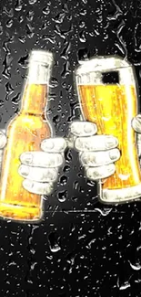 Clinking beer bottles on a black background art.