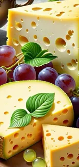 Artistic illustration of cheese and grapes, perfect for food art lovers.