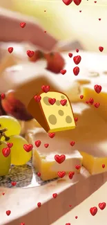 Cheese, grapes, and red hearts design for mobile wallpaper.