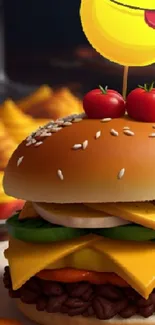 Cheeseburger with smiling yellow topper and vibrant ingredients.