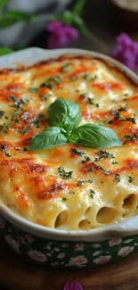 Delicious baked lasagna topped with cheese and fresh basil.