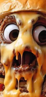 Surreal cheesy burger with expressive eyes.