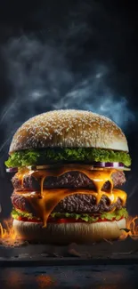 Sizzling cheesy burger with flames as a mobile wallpaper.