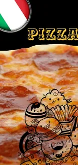 Close-up of a pepperoni pizza with artistic doodles and Italian flag.