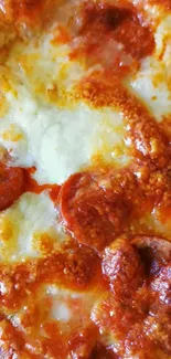 Close-up of a cheesy pepperoni pizza slice.