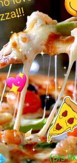 Cheesy pizza slice with fun emojis.