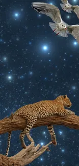 Cheetah resting on branch under starry sky with birds in flight.