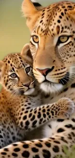 Cheetah and cub relaxing together in nature.