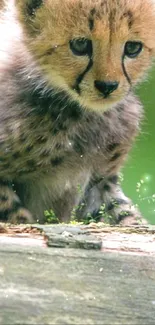 Cheetah cub on a green vibrant background looking curious.