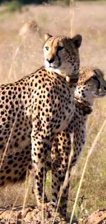 Two cheetahs standing in a grassy landscape with a focus on their natural elegance.