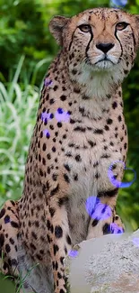 Cheetah sitting on rock amidst green plants with purple accents.