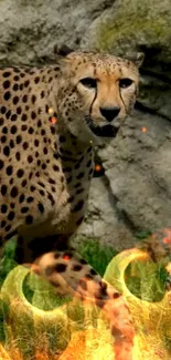 Cheetah amidst flames in a dynamic, nature-themed mobile wallpaper.