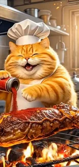 A joyful chef cat seasons a roast in a cozy kitchen.