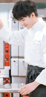 Chef in a modern kitchen preparing colorful ingredients.