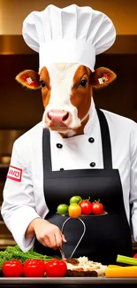 Cow dressed as a chef with vegetables in a kitchen setting.