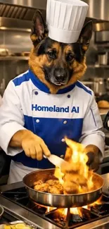 Dog dressed as chef cooking in kitchen