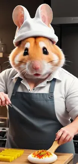 Cute hamster dressed as a chef cooking in a cozy kitchen setting.