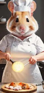 Hamster dressed as a chef in a light brown kitchen setting, cooking creatively.