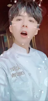 Young chef smiles with cat filter, adds fun vibe.