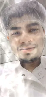 Chef in kitchen with white uniform and hairnet, smiling.