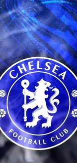 Chelsea FC logo on blue patterned background.