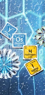 Chemical elements on a blue background with artistic designs.