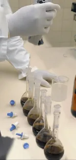 Scientist pouring liquid in chemistry lab with beakers and bottles.