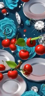 Vibrant phone wallpaper with cherries and blue roses on a patterned background.