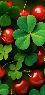 Green clovers and red cherries wallpaper.