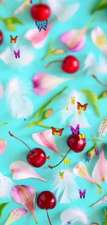 Turquoise wallpaper with cherries, petals, and feathers.