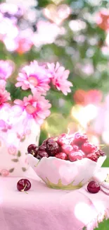 A vibrant pink-themed wallpaper with cherries and flowers.