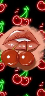 Wallpaper with glossy lips and neon cherries on a dark background.