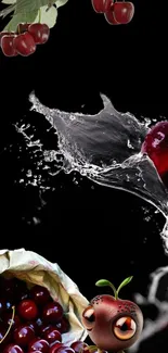 Vibrant cherry splash wallpaper with dark background.