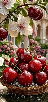 Red cherries in a basket with flowers