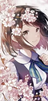 Anime girl with cherry blossom on pastel background.