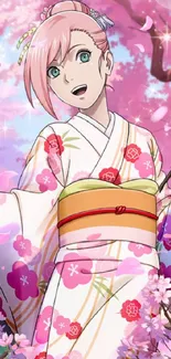 Anime character in kimono with cherry blossoms.