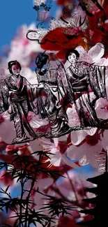 Illustrated geisha and cherry blossoms create a unique phone wallpaper.