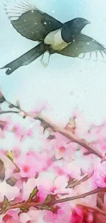 Watercolor mobile wallpaper with bird flying over pink cherry blossoms.