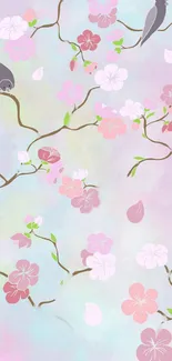 Cherry blossom branches with birds on a pastel background.