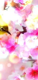 Cherry blossom and bird mobile wallpaper featuring vibrant pink flowers.