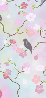 Mobile wallpaper with pastel cherry blossoms and birds on branches.