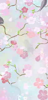 Pastel cherry blossom wallpaper with birds and branches.