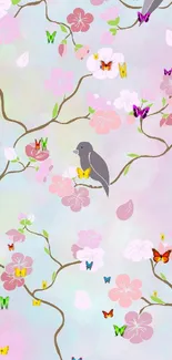 Pastel cherry blossom branches with perched birds background.