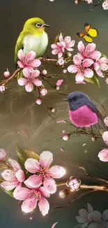 Colorful birds amid cherry blossoms on mobile wallpaper.